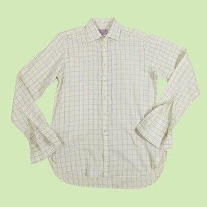 THOMAS‎ PINK Yellow Blue Check Dress Shirt French Cuff 15.5 Super fine Two fold